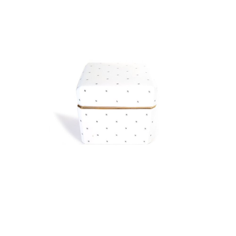 Vintage JAPANESE White & Gold Logo 'N' Logo Norell Parfum Ceramic Trinket Box